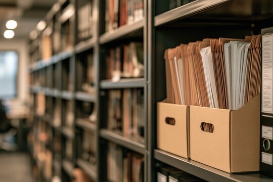 Organized archive shelves filled with files and binders, representing data storage and information management