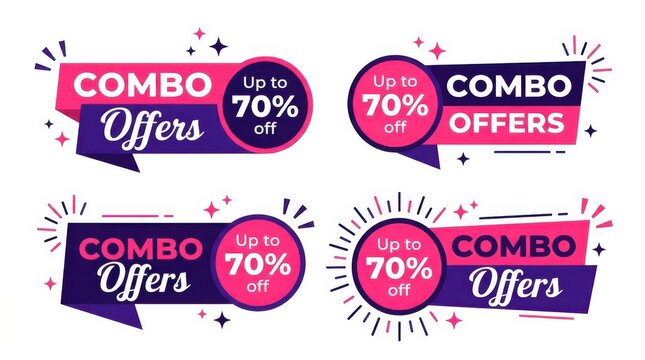 Four creative combo offers labels with dark blue and pink geometric shapes.