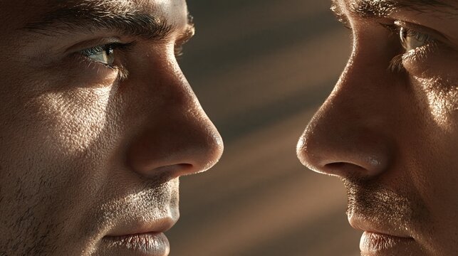 Two men facing each other in intense close-up, conveying rivalry, confrontation, or deep connection