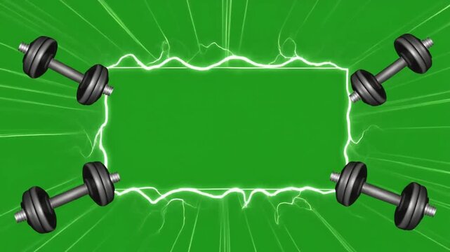 Dumbbells rotating around electric neon frame, fitness concept, green background