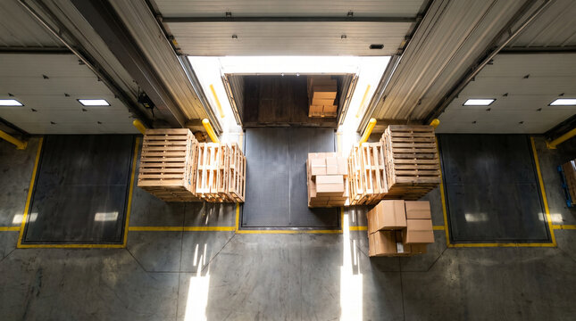 Stacked wooden pallets and cardboard boxes at a loading dock bay, industrial warehouse interior with open overhead door and concrete floor, logistics concept