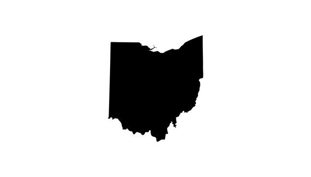 A minimalist, solid black silhouette map of the state of Ohio, clearly outlining its characteristic borders and geographical shape against a clean white background