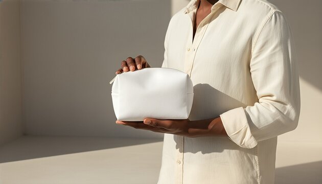 Black man holding a blank white cosmetic bag in a sun drenched microcement bathroom