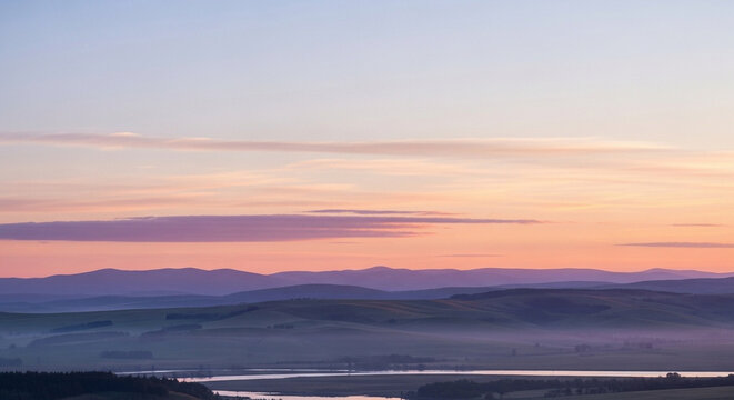 Breathtaking panoramic view of gentle rolling hills fading into the distance beneath a soft pastel sky filled with warm golden hour colors during a peaceful and serene morning in the countryside