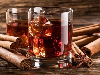 Obraz premium Rich amber spirit poured over ice in a glass, surrounded by cigars and warm spices on a wooden surface
