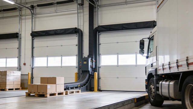 Delivery truck parked at an industrial loading dock with stacked cardboard boxes on wooden pallets, bright windows and automated roll up doors in a warehouse setting.
