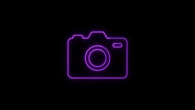 Glowing Neon Purple Digital Camera Photo Icon Animation on Black Background Loop