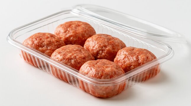 Six Raw Ground Meat Patties Packed in Clear Plastic Container for Freshness and Convenience