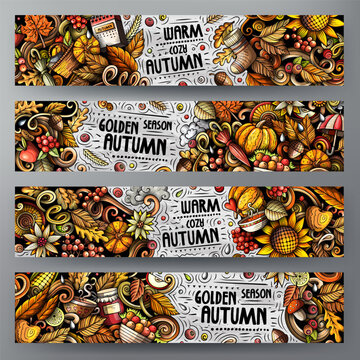 Collection of horizontal autumn banners with pumpkins, leaves, acorns, berries and sunflowers in colorful hand drawn doodle style.