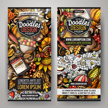 Set of vertical autumn banner templates featuring pumpkins, leaves, acorns, berries and sunflowers in colorful hand drawn doodle style.