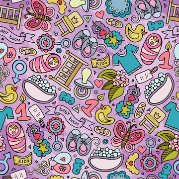 Colorful seamless baby pattern with pacifier, rattle, rubber duck, stroller, baby bottle and clothes in a playful hand drawn doodle style.