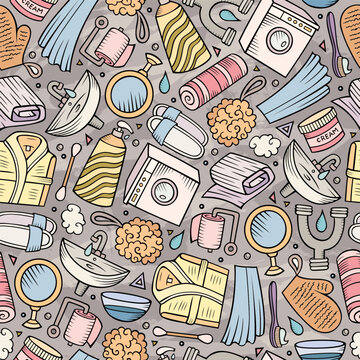 Colorful seamless bathroom pattern with soap, toothbrush, toothpaste, shampoo, mirror, comb, towel and cosmetics in a hand drawn doodle style.