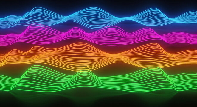 Colorful glowing light waves undulate across the dark space creating an immersive visual experience that represents advanced sound frequencies and technology innovations for future media