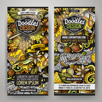 Set of vertical honey banner templates with bees, honeycomb, honey dipper, beehive and flowers in colorful hand drawn doodle style.