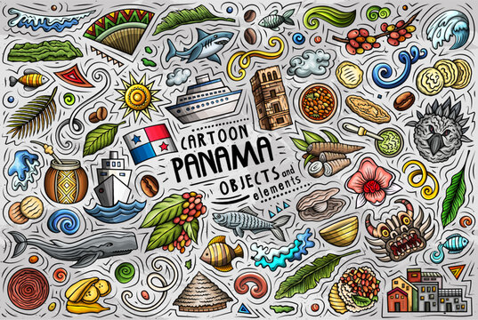 Colorful Panama travel doodle objects set with a canal ship, coffee, tropical flower, toucan, fish and traditional hat in a decorative hand drawn style.