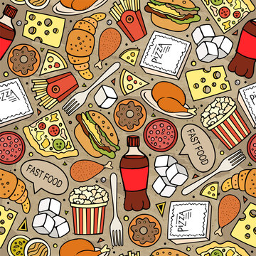 Colorful seamless fast food pattern with pizza, hamburger, hot dog, french fries, popcorn and snacks in a hand drawn doodle style.