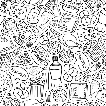 Black and white seamless fast food pattern with pizza, hamburger, hot dog, french fries, popcorn and snacks in a hand drawn doodle style.