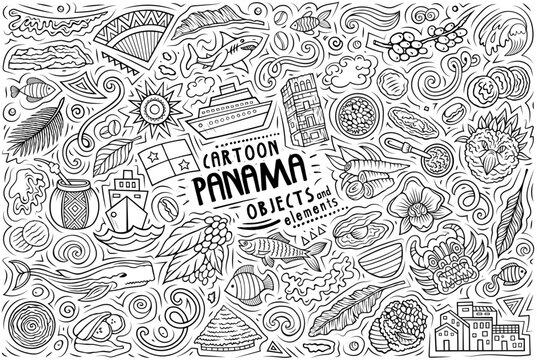 Panama travel doodle objects set with a canal ship, coffee, tropical flower, toucan, fish and traditional hat in detailed outline style.