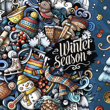 Colorful winter frame with winter season lettering, snowman, bird, ice skates, scarf and snowflakes in a detailed hand drawn doodle style.