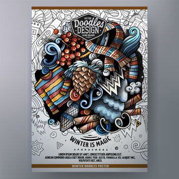Vertical winter poster template with snowman, bird, ice skates, scarf, pine cone and snowflakes in a colorful hand drawn doodle style.