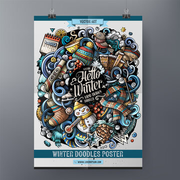 Vertical winter poster with snowman, bird, ice skates, scarf, pine cone and snowflakes in a colorful decorative doodle style.