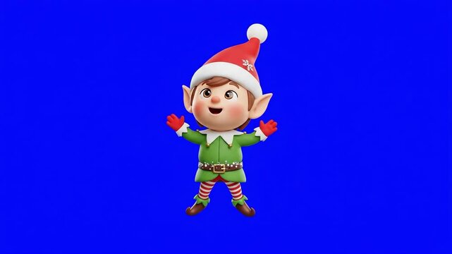 Animated Christmas elf character wearing a festive costume and hat. Suitable for holiday, greeting, celebration, banner, promotion, project.