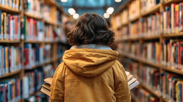 Young child with book in hand walking down a library aisle filled with bookshelves