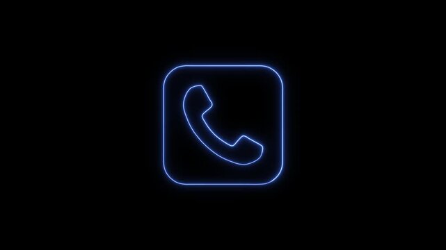 Glowing Neon Blue Phone Call Receiver Square Icon Animation on Black Background Loop