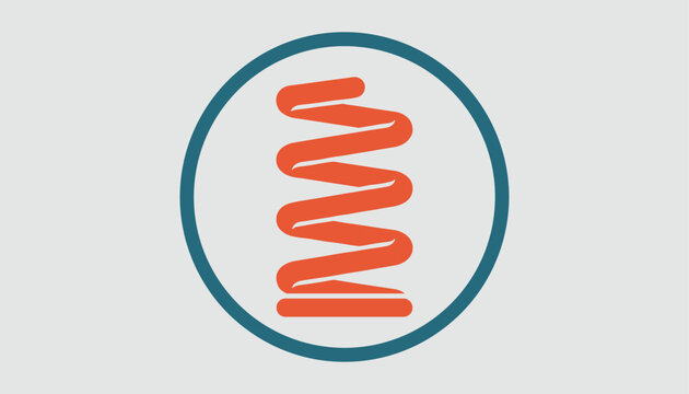 Industrial metal coil spring icon in bright orange inside a dark teal circle isolated on a light grey background.