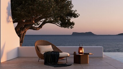 Obraz premium Relaxing outdoor patio with modern wicker chair and lantern overlooking serene ocean sunset