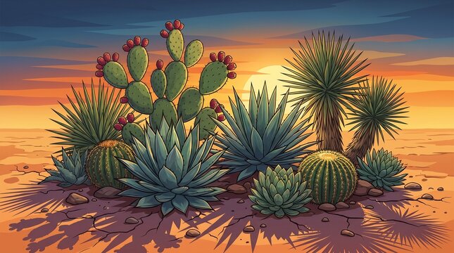 Vector illustration of various cacti and agave plants in desert landscape at sunset