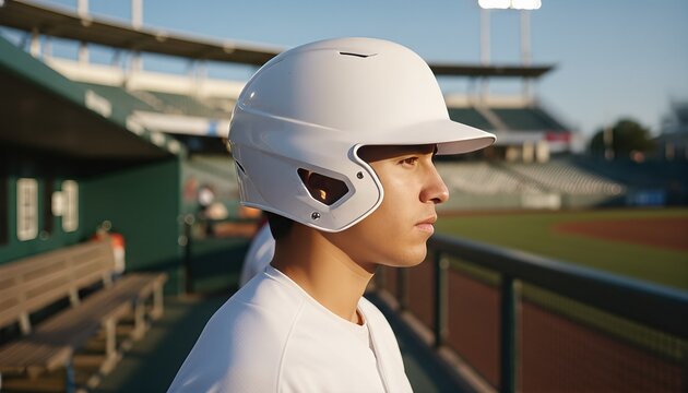 Hispanic baseball player holding a clean white batting helmet near the dugout