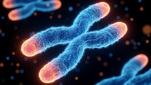 Chromosome Blue Glowing Microscopic Genetic Biology Cell Science Medical Research Featuring Fluorescent DNA Fibers and Orange Telomere Ends in Dark Cellular Space