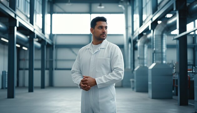 Hispanic man wearing a blank white coverall standing in a modern industrial factory