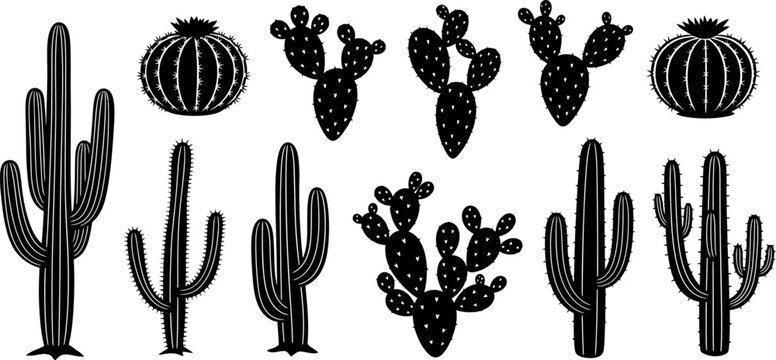 Cactus silhouette vector set, black desert plant icons, saguaro and prickly pear succulent collection, minimalist nature graphics for western design