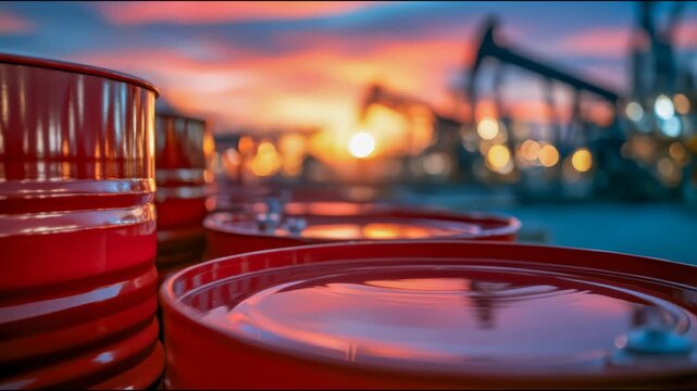 Rows of oil barrels at a large petroleum refinery with industrial tanks and warm evening lights, representing crude oil storage, energy and fuel production
