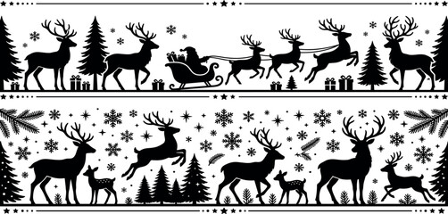 Fototapeta premium Christmas silhouette border vector set with Santa Claus sleigh flying reindeer and winter forest scene for festive holiday invitations and banners