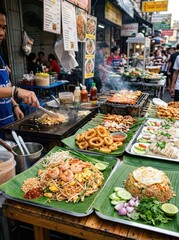 Obraz premium Authentic Thai Street Food Market with Pad Thai, Fried Rice, and Grilled Seafood Skewers in Bangkok