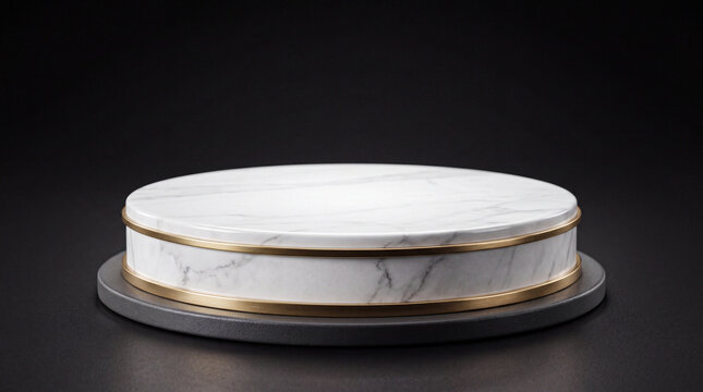Luxury white marble pedestal with gold trim on black background for premium product display