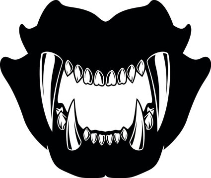 Ferocious animal jaw with sharp fangs, predatory beast mouth vector illustration, aggressive monster teeth silhouette for streetwear and tattoo design