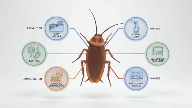 Cockroach Pest Diagram Contamination Prevention, Kitchen Hygiene, Cleaning Spray, Bacteria Control, Sealed Food Container, Restaurant Surface Cleaning, and Safety Awareness
