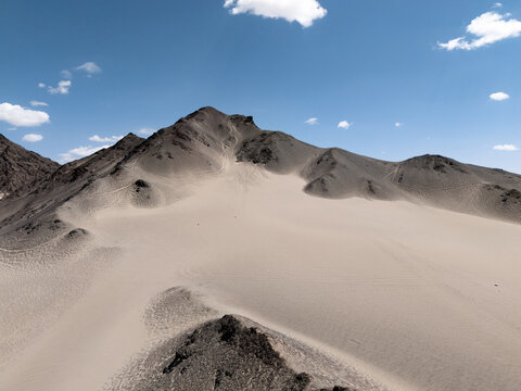 barren gobi desert dunes and rocky mountains landscape at hei du shan