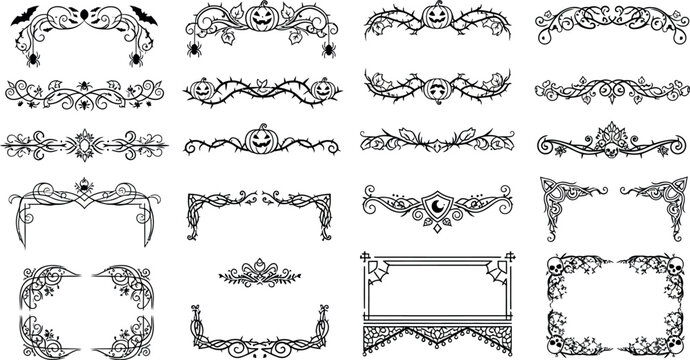 Halloween vintage decorative borders set, gothic floral frame elements, spooky victorian ornaments with pumpkins and bats, 20 black vector dividers