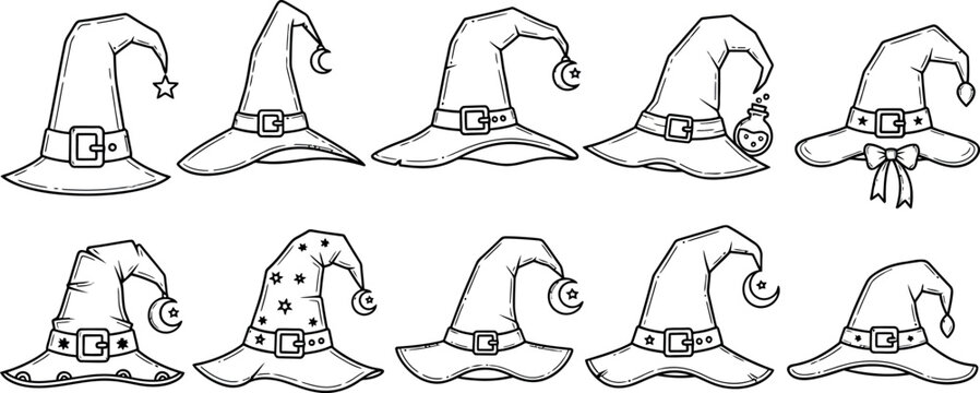 Witch hat line art collection, set of 10 wizard hats with buckles and charms, hand drawn halloween headwear icons, black and white vector illustrations