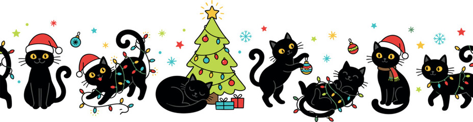 Fototapeta premium Cute Christmas black cat border vector illustration featuring funny kittens playing with fairy lights and Santa hats on white background