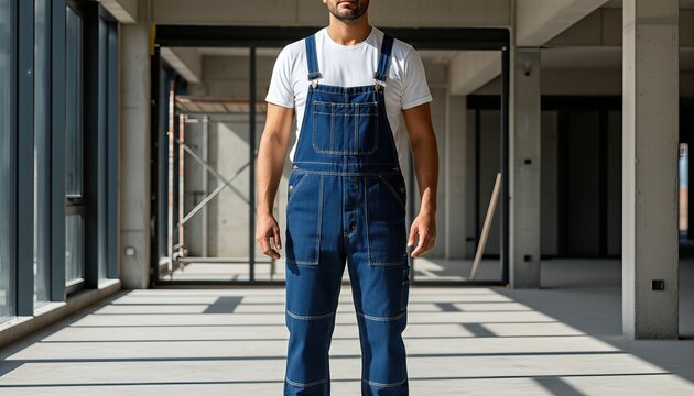 Hispanic man wearing a blank white t shirt under working overalls at a construction site