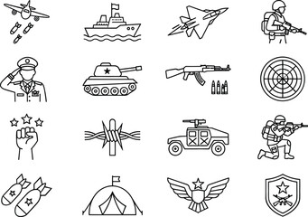 Fototapeta premium Military warfare and defense line icon set including soldier tank fighter jet warship and combat weapon