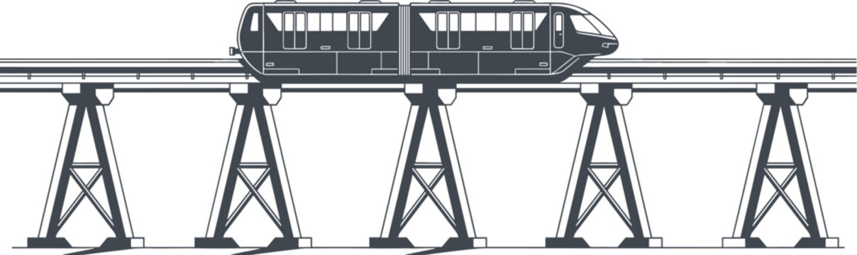 Modern elevated monorail train on high bridge track for rapid urban transit and city transportation vector graphics