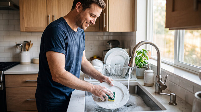 Man washing dishes in a clean home kitchen sink with soap suds and sponges
