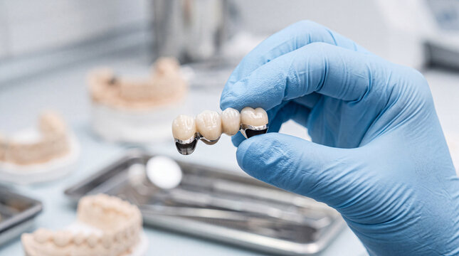 Dentist hand in latex glove holding a three-unit dental bridge showing metal framework structure